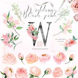 Blush pink bougainvillea watercolor flowers clipart, hand drawn: Elements. Soft  blush pink and white gold colors. Roses and peonies.