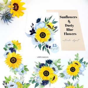 Sunflowers and Dusty Blue Watercolor Bouquets | Sunflowers & Watercolor clipart. | Sunflower stencil |  Eucalyptus with Sunflower clipart.