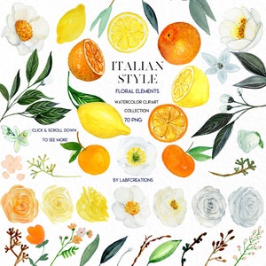 Italian Style. Floral Elements. Peach,yellow and white roses clip art, hand drawn. Lemons, oranges, citrus. Watercolor clip art . image 1