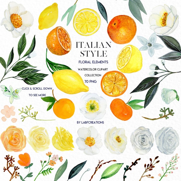 Italian Style. Floral Elements. Peach,yellow  and white roses clip art, hand drawn. Lemons, oranges, citrus. Watercolor clip art .