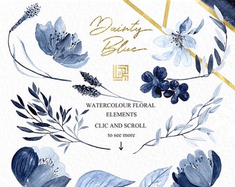 Dainty blue. Navy blue watercolor flowers and branches. Elements Hand drawn watercolor clipart. Wedding blue and deep blue.