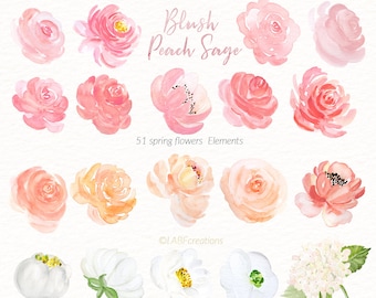 Blush pink, Peach, Sage green. ELEMENTS. Floral Watercolor clipart collection. Wedding clipart.