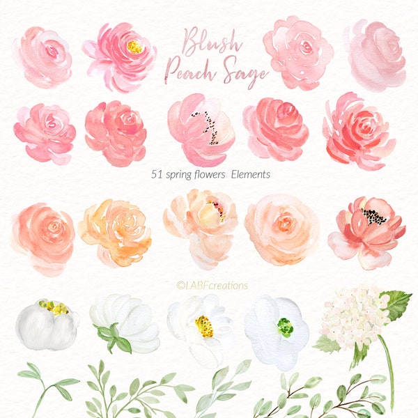 Blush pink, Peach, Sage green. ELEMENTS. Floral Watercolor clipart collection. Wedding clipart.