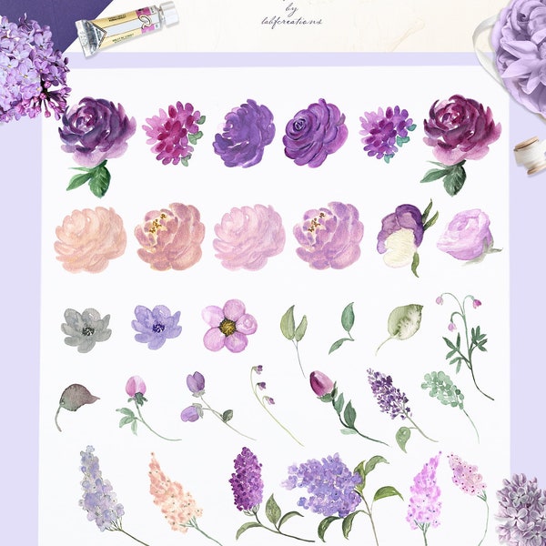 Lilac Purple Roses.  Floral Elements. Watercolor clipart. Garden Flowers. Lavender. Mauve Flowers. Purple Flowers