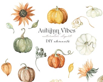 DIY elements Autumn Vibes.  Pumpkins and  Rust Beige fall FLOWERS. Watercolor clipart.