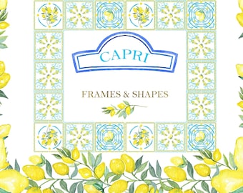 Lemon FRAMES Capri Italy Wedding Watercolor clipart. Lemons and Blue Tiles