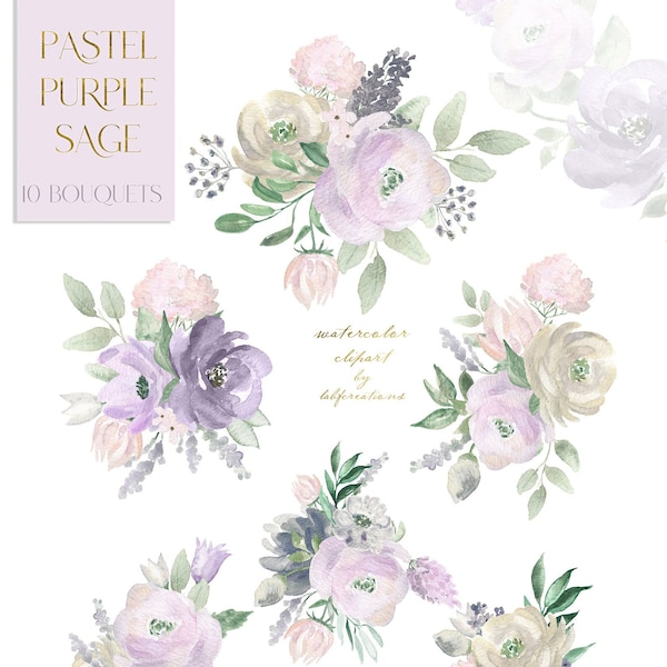 Pastel Purple Sage.  BOUQUETS. Watercolor clipart. Purple Flowers. Watercolor greenery. Lavender. Mauve Flowers. Pastel Lilac Flowers