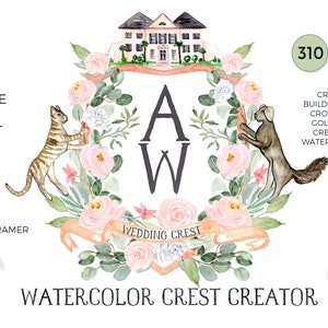 Watercolor Crest Creator. DIY Wedding Crest clipart. Bespoke watercolor crest Crest with dog Family crest Heraldry image 1