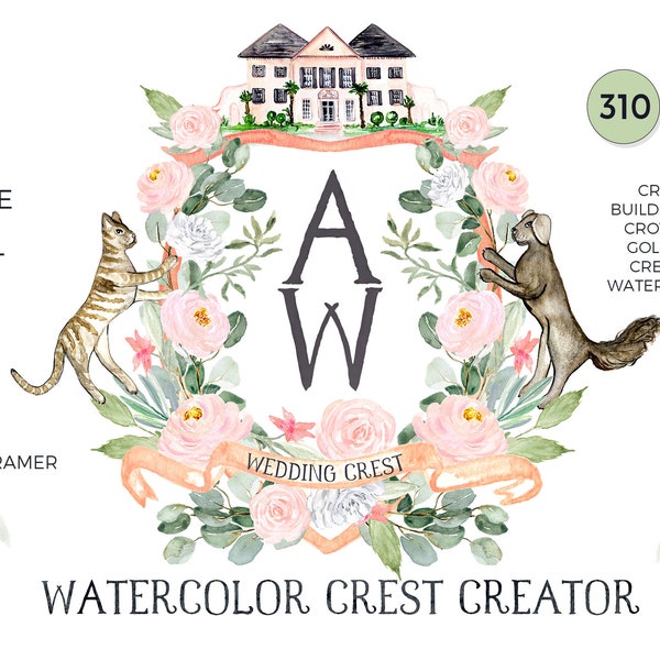 Aquarell-Wappen-Ersteller. DIY Hochzeitswappen-Clipart. Maßgeschneidertes Aquarellwappen | Wappen mit Hund Familienwappen Heraldik