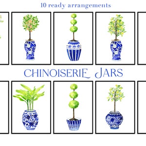 Chinoiserie Blue Jars | Watercolor Clipart | Watercolor Blue Tile| Chinoiserie  Print | Tropical plants | Plant in Ginger Vase | Topiaries