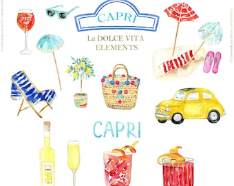 Capri Italy Dolce Vita DIY  Elements Watercolor clipart.