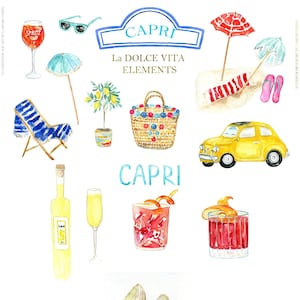 Capri Italy Dolce Vita DIY  Elements Watercolor clipart.