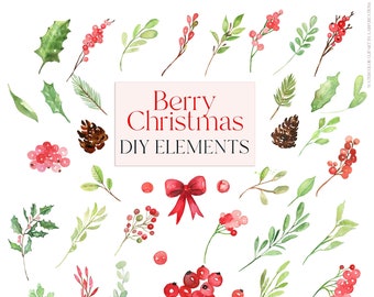 Berry Christmas. ELEMENTS DIY  Watercolor Christmas Clipart.
