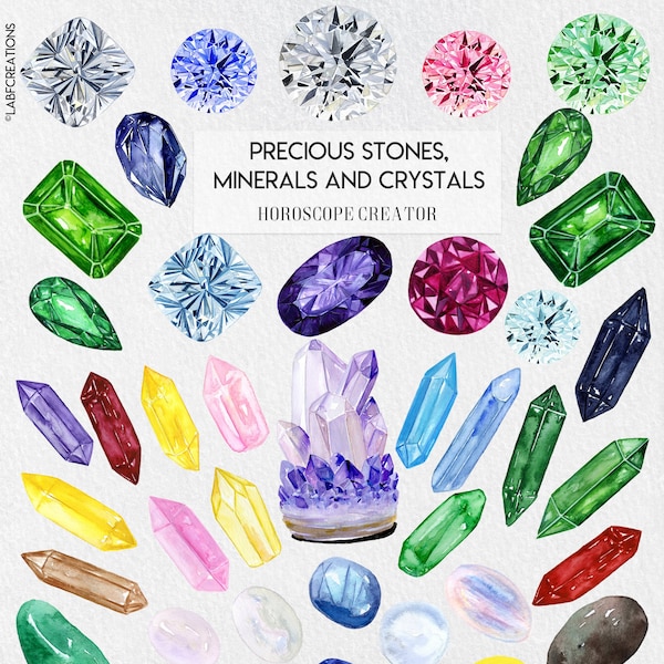 Gem stones, Watercolor Stones Clipart. Crystals hand drawn. Birth stones.