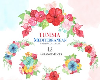 Floral Arrangements Tunisia Mediterranean Wedding Watercolor clipart. South Africa Mediterranean