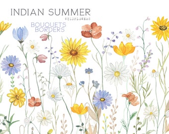 Watercolor Floral Clipart Indian Summer Wildflowers floral clipart  Floral border set  Meadow Flowers PNG Digital clipart PNG Summer fall