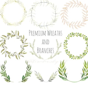 Premium wreaths and branches. Watercolor clip art hand drawn. Light green branches, wedding invitation, olives, rosemary, Laurel Wreath