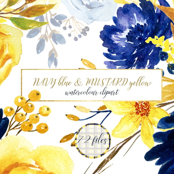 Navy blue & mustard yellow flowers. Watercolor clipart. Blog header, posies,  flowers. Wedding invitations. Autumn.