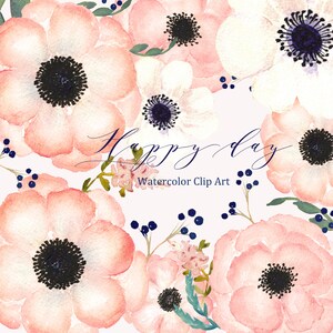 Peach Flowers Anemones set Watercolor flower clip art digital SET Happy Day Aquarelle.