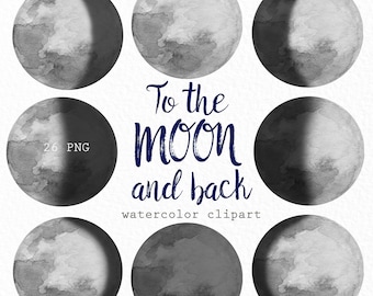 Moon Phases. Watercolor clip art. Hand drawn. Lunar chart. Yellow moon.