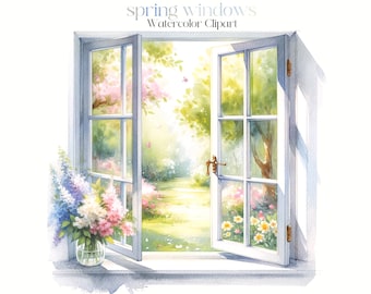 Spring windows PNG. Watercolor clipart. Digital PNG