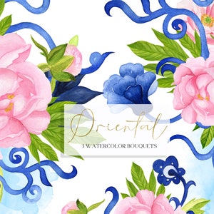 Oriental Blue  oriental Deco and Pink Peony Bouquets. Peony Watercolor Clipart. Soft Pink & Bright Blue Watercolor Bouquets. Wedding Clipart