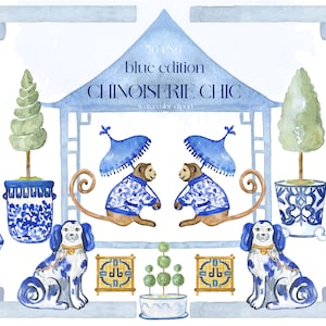 Topiaria chic in stile chinoiserie blu | Clipart acquerello | Stampa Chinoiserie |  Pagoda dei cani dello Staffordshire delle scimmie