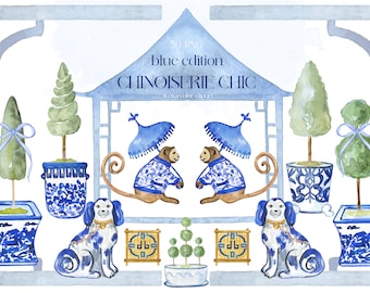 Blue Chinoiserie Chic Topiary | Watercolor Clipart | Chinoiserie Print |  Monkey Staffordshire Dogs Pagoda