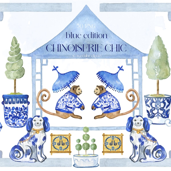 Blauer Chinoiserie-Chic-Topiary | Aquarell Clipart | Chinoiserie-Druck | Affen-Staffordshire-Hundepagode