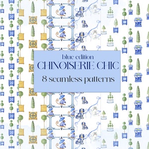 Patterns Blue Chinoiserie Chic Topiary | Watercolor Clipart | Chinoiserie Print |  Monkey Staffordshire Dogs Pagoda