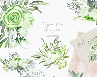 Organic Green. BOUQUETS. Watercolor Clipart. Olive branches and white flowers. Wedding invitation