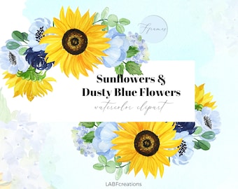 Sonnenblumen und Staubblaue Aquarellrahmen | Sonnenblumen & Aquarell Clipart. | Sonnenblumen Schablone |  Eukalyptus mit Sonnenblumen Clipart.
