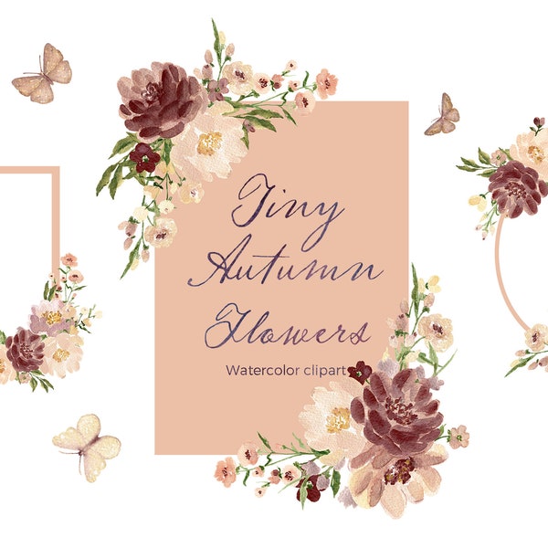 Tiny Autumn Flowers.  FRAMES. Watercolor Flowers. Fall Clipart. Butterfly Clipart. Wedding Invitations Frames.