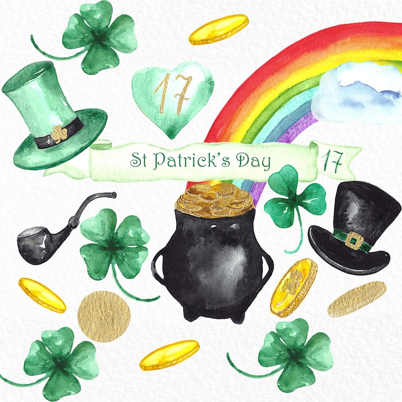 May include: Watercolor illustration of St. Patrick's Day themed elements, including a pot of gold, a rainbow, shamrocks, a leprechaun hat, a pipe, and gold coins. The text "St. Patrick's Day" is written on a banner.