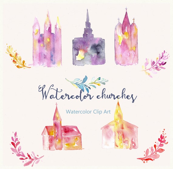 church and temple watercolor clip art hand drawn church and etsy