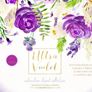 Clipart di fiori acquerellati ultravioletti: GHIRLANDE, INTESTAZIONE, LAVAGGI. Peonie viola, lavanda, crema, rose, melanzane. Colore Pantone del 2018