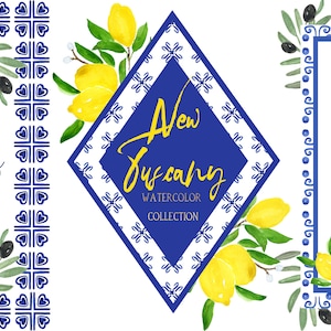 Italienische Rahmen. Aquarell-Clipart. Zitrone, Olivenzweige. Italienisches blaues Muster. Hochzeitskarte. Toskana.