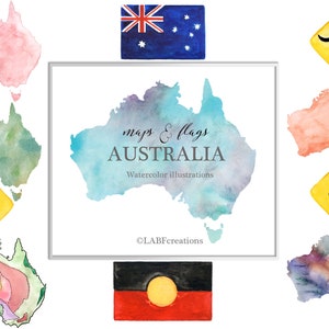 Mapa de Australia, bandera, señal de carretera. Ilustración de acuarela. Clipart de acuarela.
