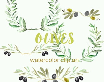 Olives Watercolor clip art hand drawn. Romantic wedding, light green, tender green branches, wedding invitation, wreath  and arrangements.