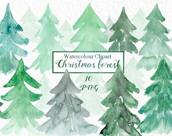 Watercolour christmas forest clipart. Watercolor clip art. Digital Watercolours clipart hand drawn. Spurce. fir tree.