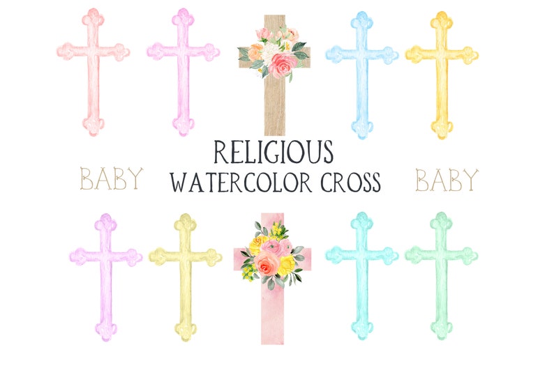 Watercolor Cross Clipart. Bear, Owl. Nursery art. Kids Watercolor. Baby accessories, Religious image 1