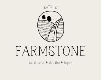 Farmstone. Rustic Serif Font| Dooldles | 14 Logos | Farmhouse Font | 40 Countryside Doodles | Branding | Handwritten Font