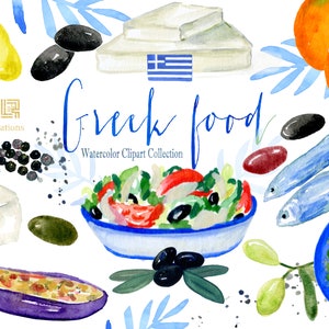 Griechisches Essen und griechische Kräuter. Aquarell-Clipart. Küchenkunst.  Griechischer Salat, Feta, Auberginen-Illustrationen. Aquarellkarte. Griechenland. Santorin.