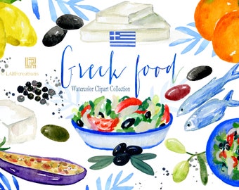 Greek Food & Greek herbs. Watercolor  clipart. Kitchen art.  Greek salad, feta, eggplant illustrations. Watercolor map. Greece. Santorini.