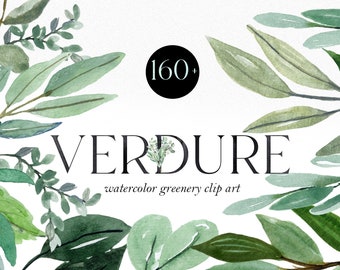 May include: Watercolor greenery clip art with over 160 illustrations of leaves and branches in shades of green. The word "VERDURE" is written in black text with the words "watercolor greenery clip art" below it.