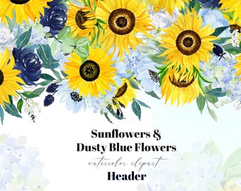 Sunflowers and Dusty Blue Watercolor  Backdrops | Sunflowers & Watercolor clipart. |  Eucalyptus with Sunflower clipart.