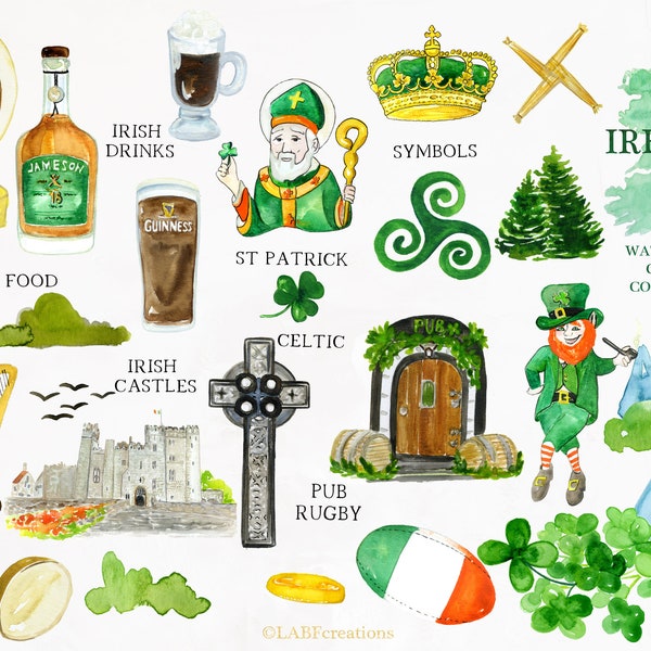 St Patricks day. Ireland. Watercolor map. Landmarks and country watercolor clip art.