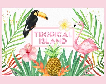 Tropical island elements. Watercolor clipart. Pink flamingo, pineapple, coconut, orange, toucan, hibiscus flower, cactus, heliconia