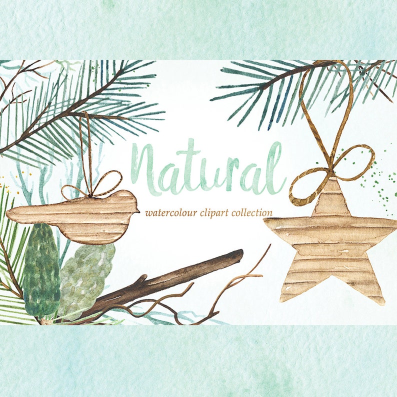 Natural winter forest PINE watercolor Clipart Winter watercolor, mint green, branches, wedding invitation, wreath and arrangements, wood. image 1