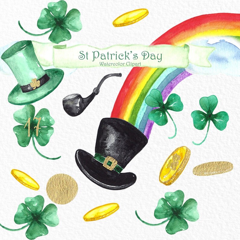 May include: Watercolor clipart set for St. Patrick's Day featuring a rainbow, shamrocks, a leprechaun's hat, a pipe, and gold coins.